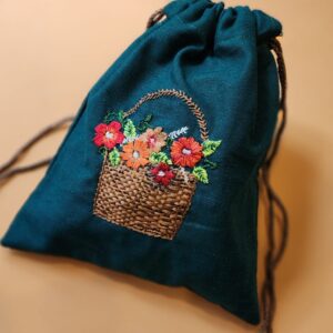 hand embroiders basket drawstring pouch